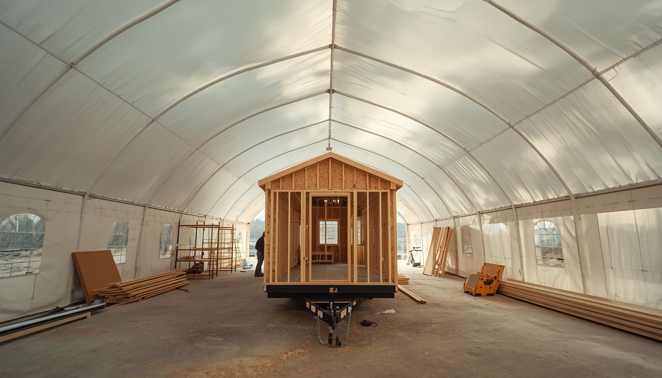 Workshop interior with a tiny home frame under construction